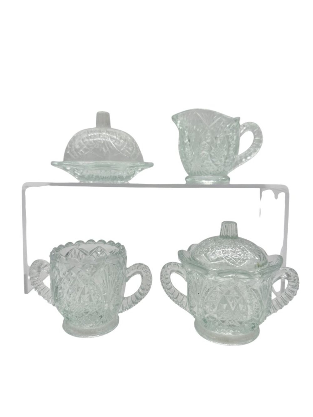 Vintage 4 Piece Childrens Tableware Set Arrowhead In Ovals Clear Glass